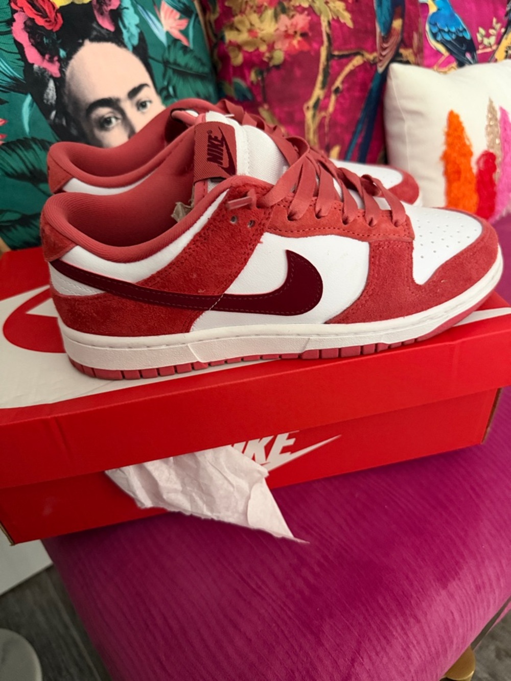 Nike Dunk Low Red and White Suede Sneakers with Burgundy Swoosh - Picture 8 of 10